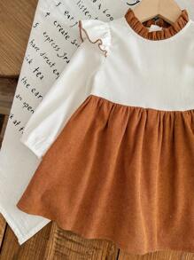 SHEIN Babygirl Autumn/Winter Cute Corduroy Color Block Ruffle Hem Long Sleeve Dress - Brown - View 5