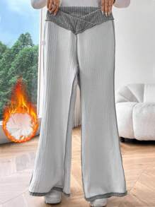 Flirla Damskie spodnie dzianinowe w jednolitym kolorze, proste, swobodne, termiczne, podszyte