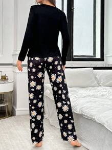 Daisy & Butterfly Print Long Sleeve Top & Pants Casual Pajama Set For Women, Fall Winter Clothes