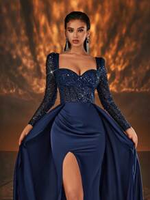Glamrae Elegante vestido de fiesta largo de satén con destellos azules y paneles translúcidos, de manga larga, con bustier delantero, abertura lateral alta y cola de pescado plisada en la espalda. Vestido elegante para eventos formales como bodas, graduaciones, cenas. - Azul Marino - Ver 6