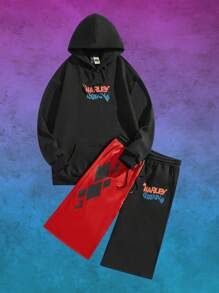 ROMWE MEN Harley Quinn | ROMWE Men's Minimalist Print Hooded Sweatshirt And Pants Set - Black - View 2