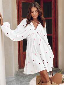 SHEIN VCAY Váy thêu trái tim cổ chữ V cho nữ, mùa thu - trắng - Xem 7