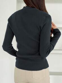 DAZY Solid Stand Collar Rib Knit Jumper - Dark Grey - View 4