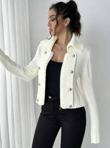 Chiquease Women's Casual Solid Color Double Breasted Cardigan, Autumn - Beige - View 5