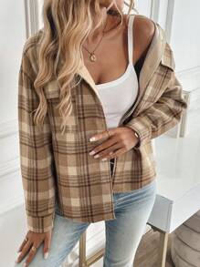 SHEIN LUNE 女式前扣连帽格纹羊毛大衣 - 彩色 - 查看 5