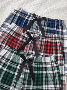 3 pièces Ensemble Pantalon de pyjama à motif à carreaux avec décoration de nœud papillon à la taille - Multicolore - Voir 5