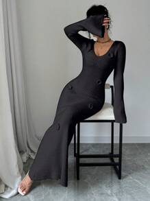 Elenzga 女式 V 领 3D 花卉装饰鱼尾下摆优雅毛衣连衣裙，秋冬