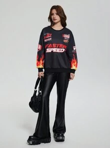 SHEIN Explorewe 2 件套青少年女孩深色休闲火焰字母印花运动衫和 PU 皮革紧身喇叭裤套装 - 黑色 - 查看 1