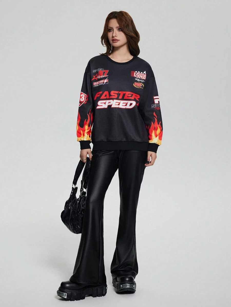 SHEIN Explorewe 2 件套青少年女孩深色休闲火焰字母印花运动衫和 PU 皮革紧身喇叭裤套装 - 黑色 - 查看 1