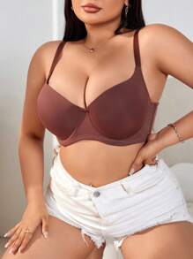 大码女士纯色舒适胸罩和无钢圈胸罩 - 棕色 - 查看 3