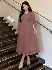 DAZY 纯色V领褶皱雪纺中长连衣裙，适合女士，生日、新年、舞会等场合，秋季长袖连衣裙，优雅女装 - 紫色 - 查看 3
