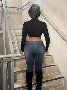 BamGleam 女士纯色不对称下摆时尚合身翻领长袖 T 恤 - 黑色 - 查看 2