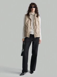 Ontre Khaki Special Quilted High Collar Down Filled Casual Vest
