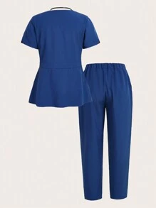 TaskEZ 2pcs Set Of Solid Color Front Zipper Short Sleeve Top And Front Tie Pants Uniform Scrub Set - Navy Blue - View 2