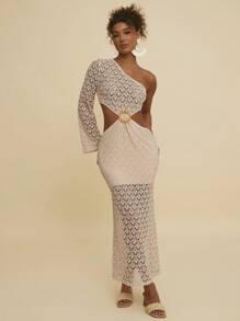 Travachic Vestido largo de punto y ganchillo calado para vacaciones, conjunto bohemio para festival de música de mujer