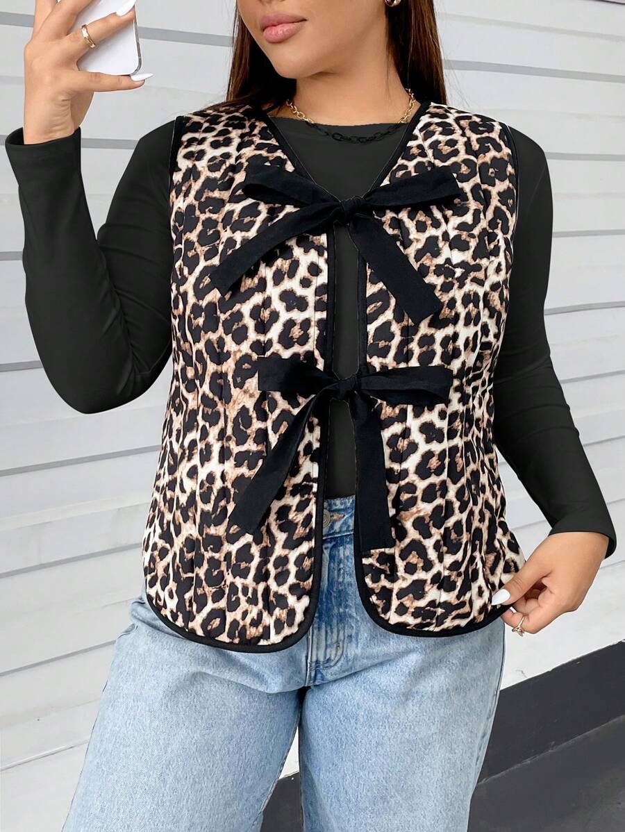 SHEIN Essnce Áo ghi lê đệm cỡ lớn, Áo khoác đệm thắt nơ, Áo khoác họa tiết da báo, Áo khoác nữ thu/đông, Áo ghi lê nam màu đỏ, Váy nữ thu họa tiết động vật, Áo khoác nữ họa tiết da báo, Áo sơ mi da báo - màu nâu - Xem 1