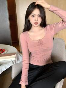 DAZY Lace Decorated Ruched Design Ribbed Knit Slim Fit Pajama Top Fall,Winter - Pink - View 6