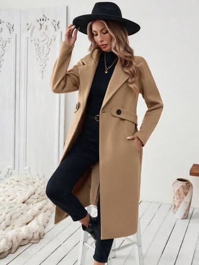 EMERY ROSE Autumn/Winter Casual Notched Collar Camel-Color Belted Coat Fall Cloth For Women