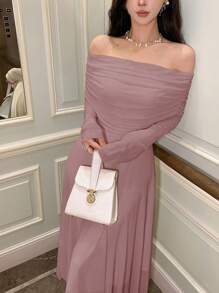 DAZY Abito elegante monospalla a tinta unita, adatto per autunno, feste di compleanno e balli, vestito da donna per l'autunno - Rosa - Visualizzare 3