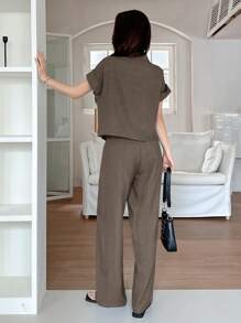 DAZY 女士纯色纽扣前开襟衬衫和阔腿裤两件套，带口袋，家居休闲套装 - 咖啡棕 - 查看 2