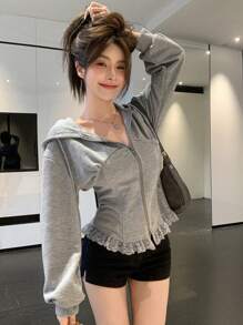 DAZY Áo khoác nữ dài tay dáng rộng phối ren, có mũ trùm đầu, dây rút, thích hợp mặc mùa xuân thu, áo dài tay, áo khoác nữ mùa thu có khóa kéo và mũ trùm đầu. - Xám - Xem 8