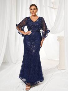 Glamrae Váy dạ hội đuôi cá tay bèo ren đính hạt và đá Rhinestone cỡ lớn, Đầm dạ hội thanh lịch, Đầm dự tiệc cưới, Đầm dự tiệc cưới, Tốt nghiệp, Tiệc tối - Xanh đậm - Xem 1