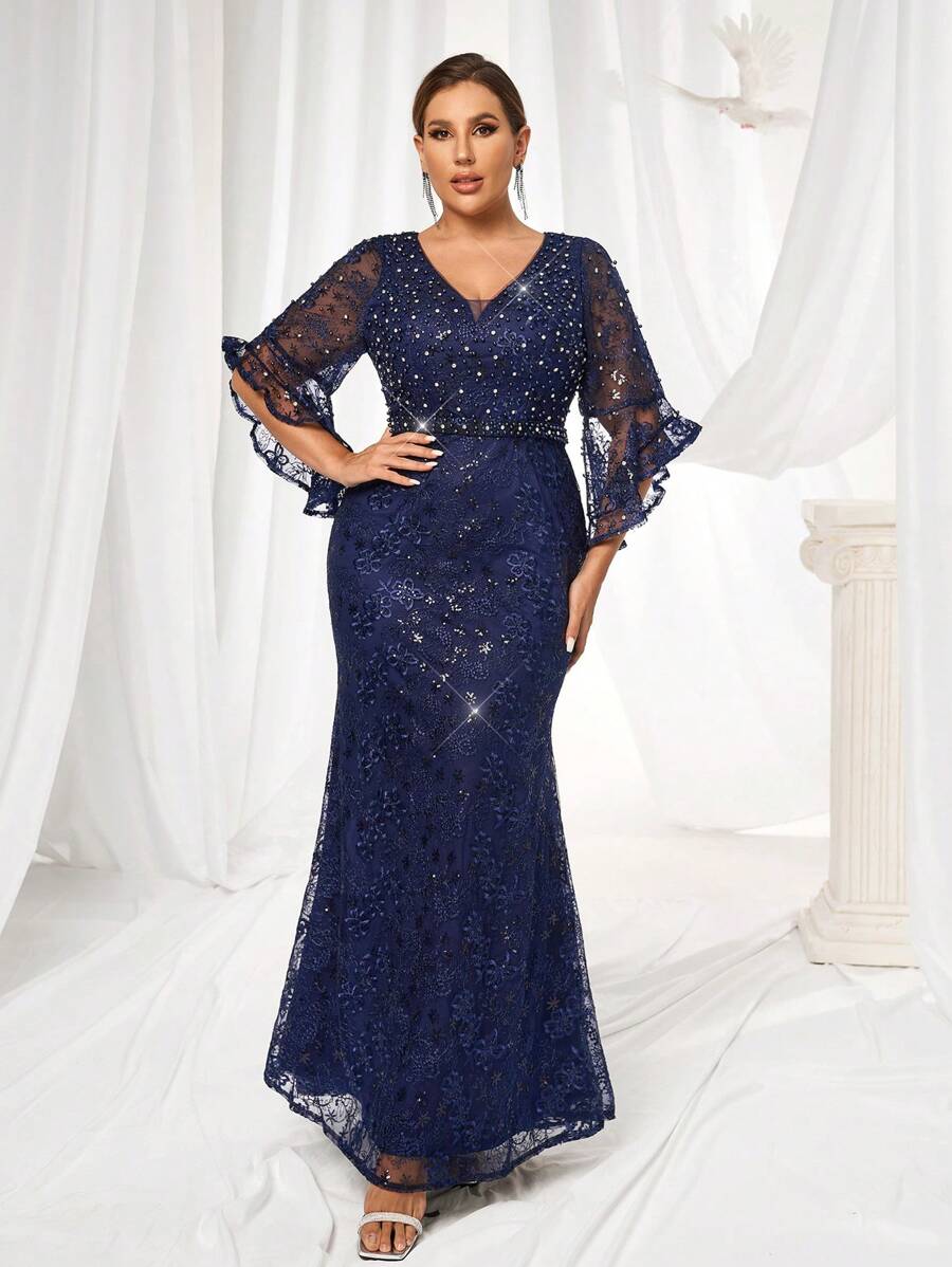 Glamrae Váy dạ hội đuôi cá tay bèo ren đính hạt và đá Rhinestone cỡ lớn, Đầm dạ hội thanh lịch, Đầm dự tiệc cưới, Đầm dự tiệc cưới, Tốt nghiệp, Tiệc tối - Xanh đậm - Xem 1