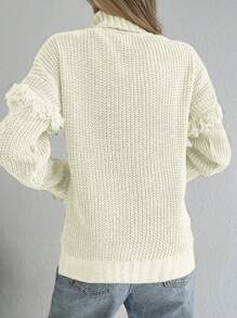 Cloudara Turtleneck Fringe Trim Cable Knit Drop Shoulder Sweater - Beige - View 2