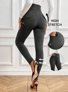 SHEIN Clasi Leggings casuales simples de cintura alta con botón y bolsillo de unicolor para mujer
