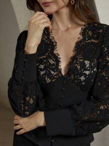 Anewsta Premium V-Neck Lace Patchwork Cinching Waist Top