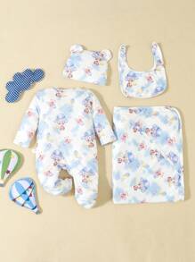 SHEIN 2pcs Set Baby Boys Cute Bear Print Long Sleeve Pajama Jumpsuit With Shoulder Wrap Casual Outfit