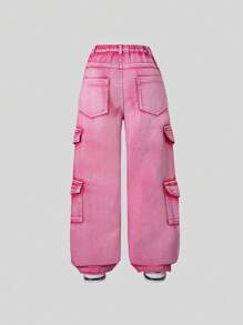 Tween Girl Y2K Style Vintage Distressed Multi-Pocket Cargo Washed Pink Denim Jeans - Pink - View 2
