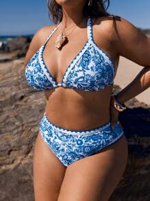 Swim Vcay 大码露背系带全身印花比基尼上衣和下装泳衣套装夏季 - 藍白色 - 查看 4