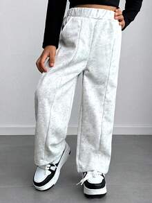 休闲宽松雪洗开衩设计阔腿运动裤，适合年轻女孩，秋季、冬季、街头、学校、运动穿着。 - 灰色 - 查看 5