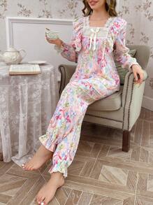 CottageSlumber Conjunto de pijama para mujer con cuello cuadrado con estampado floral, volantes, lazo y bajo con volantes, romántico y perfecto para vacaciones