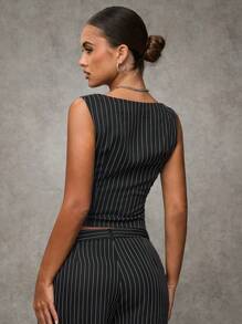 SHEIN BAE 女士系带宽肩带条纹背心，休闲日常穿着 - 灰色 - 查看 2