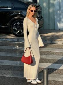 SHEIN EZwear Effen kleur V-hals rugloze lange mouw jurk