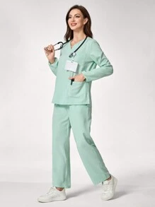 TaskEZ 女士 V 领长袖口袋上衣和裤子制服套装 - 薄荷藍 - 查看 13