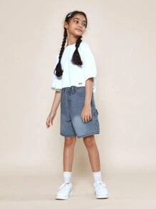 SUMWON Tween 女童 Carpenter 后背印花牛仔短裤 - 藍色 - 查看 4