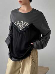 FRIFUL Women's Spring Summer Black Crown & Letter Print Loose 2 In 1 Long Sleeve Casual Lace T-Shirt