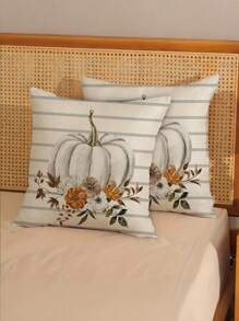2/1 件亚麻混纺可机洗抱枕套，感恩节简约水彩秋季南瓜条纹图案枕套，适用于门廊露台沙发垫客厅户外家居装饰（无枕芯） - 彩色 - 查看 2