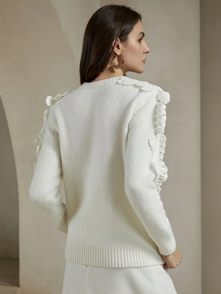 Women's Solid Color 3D Decor Round Neck Long Sleeve Simple Casual Jacquard Knitted Sweater, Fall Winter