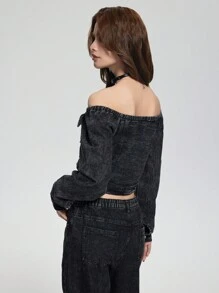SHEIN Explorewe 2pcs Vintage Streetwear Teen Girls Set: Denim Off-Shoulder Crop Top & All-Match Loose Straight Leg Jeans - Black - View 8