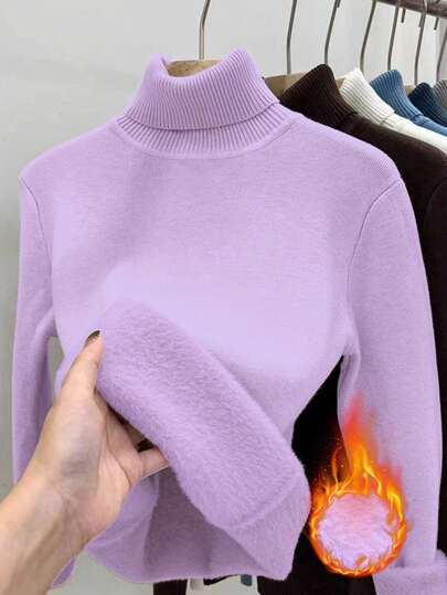 Franclia High Neck Thick Thermal Lined Slim Fit Sweater, Warm Winter Design,Long Sleeve Tops Knit Pullover Fall Outfit