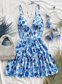 Soleia 度假风 V 领镂空露背花卉印花吊带裙 - 藍色 - 查看 3