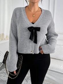 SHEIN Clasi PLUS Size Women's Knit Long Sleeve Cardigan With Bow Tie Elegant Romantic Open Front Sweater - Grey - View 5