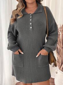 SHEIN Clasi Sukienka swetrowa o luźnym kroju i swobodnym kroju w dużym rozmiarze, z prostym profilem, kieszenią z przodu i kołnierzykiem z klapami dla swobodnego i stylowego wyglądu.Imprezy, festiwale muzyczne, odzież domowa, wydarzenia z okazji powrotu do szkoły, prezenty i zakupy.Strój kobiecy w stylu zachodnim, swetry jesienne, eleganckie sukienki, sukienka dzianinowa, sukienki jesienne, ubrania zimowe - Szary - Zobacz 6