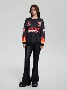 SHEIN Explorewe 2 件套青少年女孩深色休闲火焰字母印花运动衫和 PU 皮革紧身喇叭裤套装 - 黑色 - 查看 4