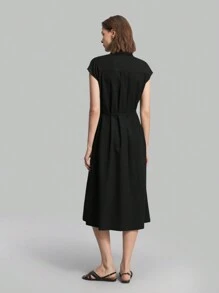 Ontre 2026SS New Elegant Solid Color Cinched Waist Button Down Dress, Versatile Dress For Women, Suitable For Outings, Business Casual, Vacation, Beach, Birthday Party, Teacher Uniform, Office Wear - Black - View 8