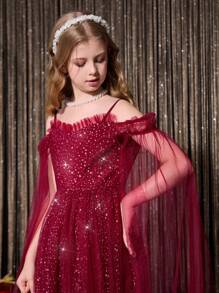 SHEIN 女童长款亮片连衣裙，细肩带，露肩，泡泡袖，适合婚礼、正式活动、生日派对、万圣节、圣诞节、复活节和其他节日 - 藍色 - 查看 5